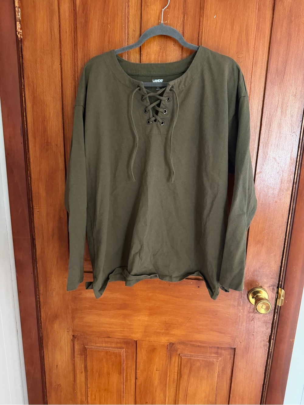 Lands' End Olive Green Lace-Up Long-Sleeve Pullover